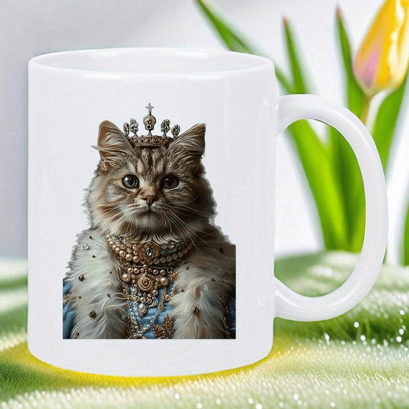Tailorly White Ceramic 11 oz Mug - Majestic Royal Feline Wearing Jeweled Crown And Fur Trimmed Aristocratic Robe Cat