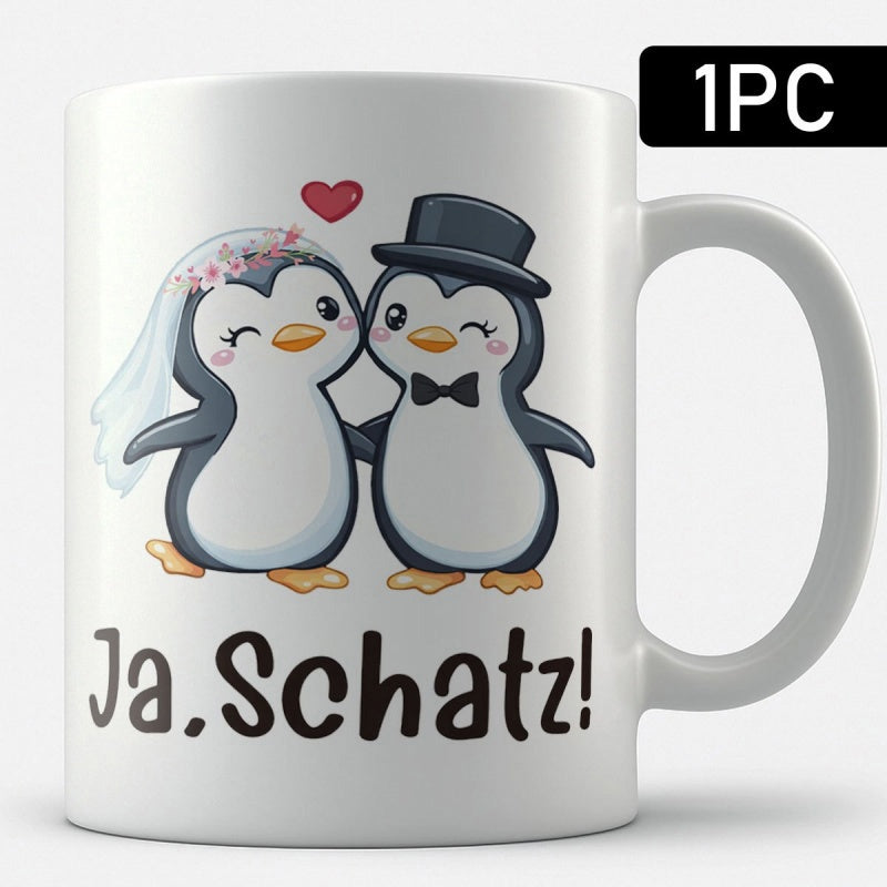 Tailorly White Ceramic 11 oz Mug - Adorable Bride And Groom Penguins Celebrating Together Under A Tiny Red Heart Penguin