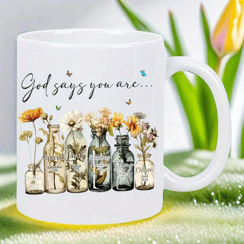 Tailorly White Ceramic 11 oz Mug - God Says You Are Rustic Glass Vases With Blooming Sunflowers And Delicate Flying Butterflies Mug