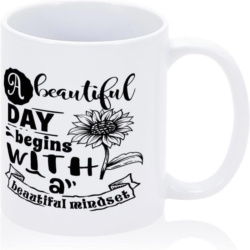 Tailorly White Ceramic 11 oz Mug - A Beautiful Day Begins With A Beautiful Mindset Hand Drawn Sketch Of Blooming Sunflower With Detailed Petals And Leaves
