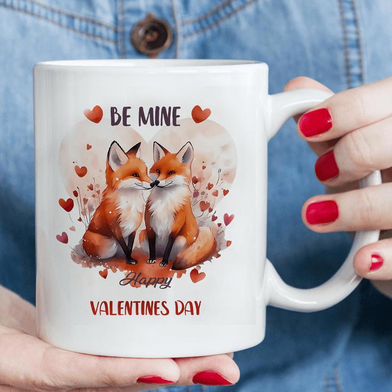 Tailorly White Ceramic 11 oz Mug - Be Mine Valentines Day Two Cute Foxes Sitting Together Among Delicate Watercolor Floating Red Hearts Fox