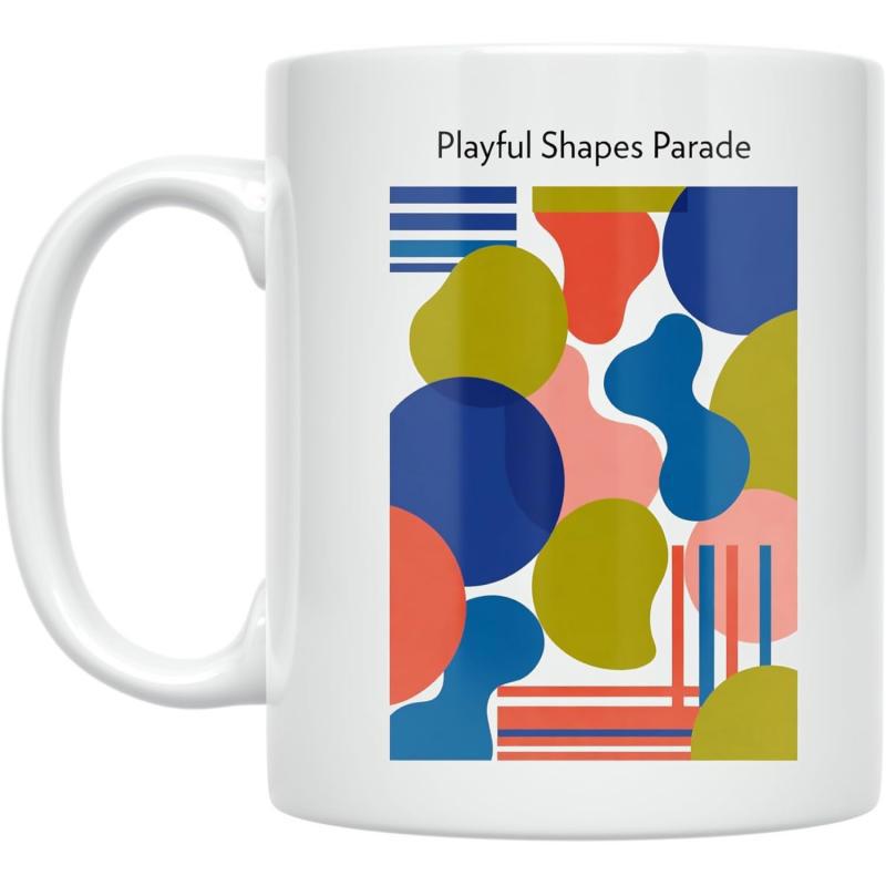 Tailorly White Ceramic 11 oz Mug - Playful Shapes Parade Vibrant Organic Geometric Blobs And Linear Stripes Arranged In Artistic Pattern