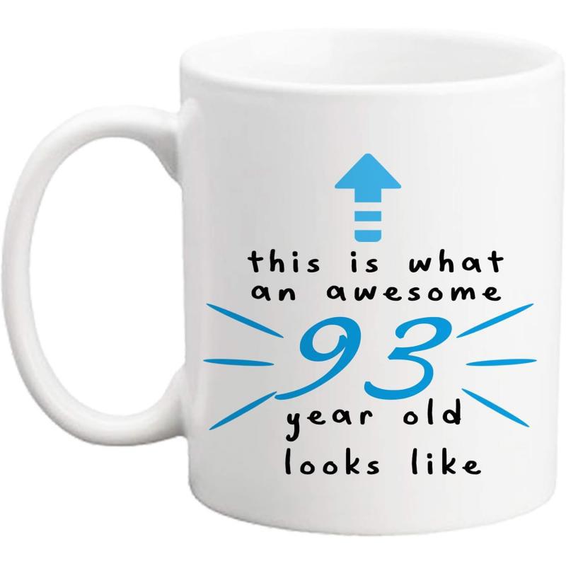 Tailorly White Ceramic 11 oz Mug - This Is What An Awesome 93 Year Old Looks Like Simple Blue Arrow And Radiating Lines Celebrating A Special Milestone Birthday