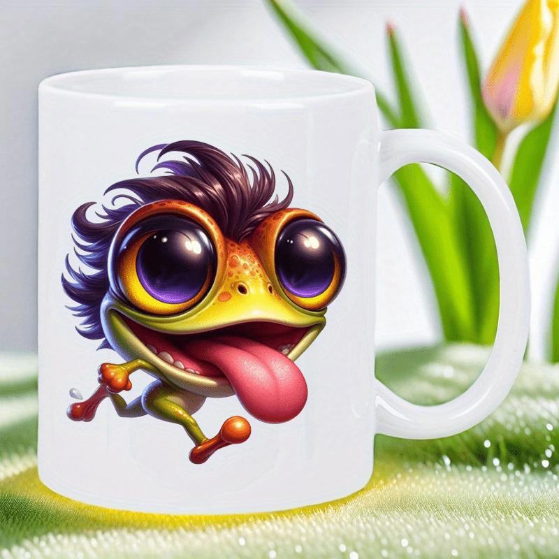 Tailorly White Ceramic 11 oz Mug - Playful Cartoon Creature With Large Purple Eyes And Wild Spiky Hair Running Frog