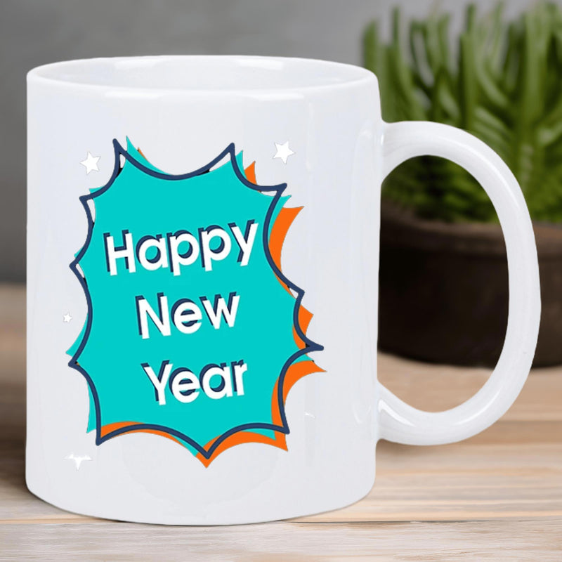 Tailorly White Ceramic 11 oz Mug - Happy New Year Vibrant Teal Comic Burst Style Graphic On A Minimalist Ceramic Mug