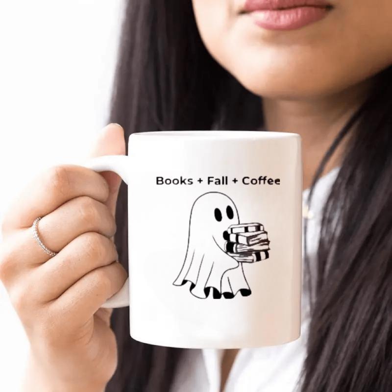 Tailorly White Ceramic 11 oz Mug - Books Fall Coffee Whimsical Minimalist Floating Spirit Holding A Stack Of Knowledge Ghost