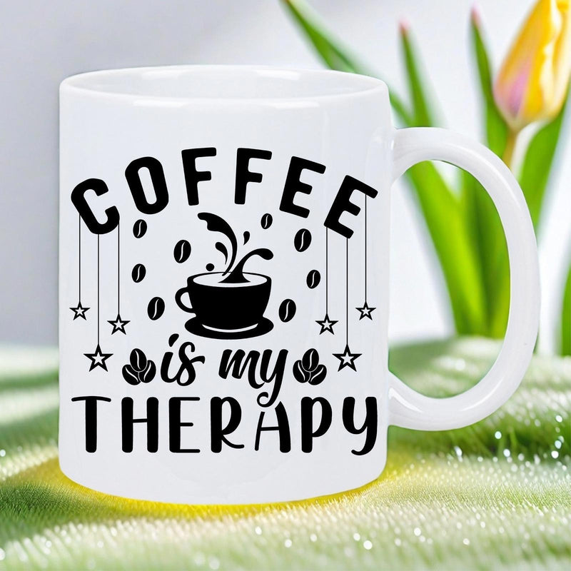 Tailorly White Ceramic 11 oz Mug - Coffee Is My Therapy Minimalist Black Silhouette Of Steaming Coffee Cup With Floating Stars And Beans Mug