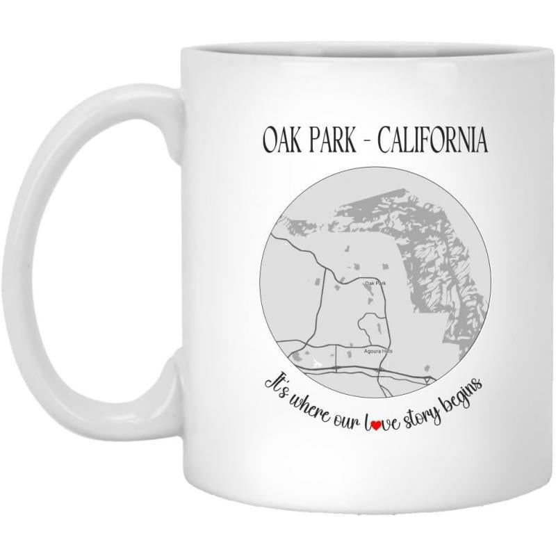 Tailorly White Ceramic 11 oz Mug - Oak Park California Its Where Our Love Story Begins Circular Minimalist Topographic Street View Illustration With Sentimental
