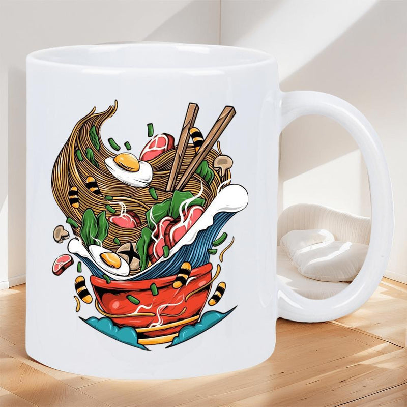 Tailorly White Ceramic 11 oz Mug - Artistic Stylized Bowl With Flowing Blue Waves And Golden Poached Eggs Ramen
