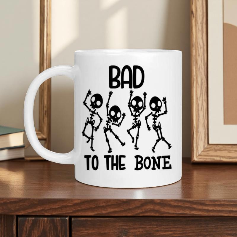 Tailorly White Ceramic 11 oz Mug - Bad To The Bone Four Playful Dancing Skeletons Celebrating With Joyful Poses Under Moonlight Skeleton
