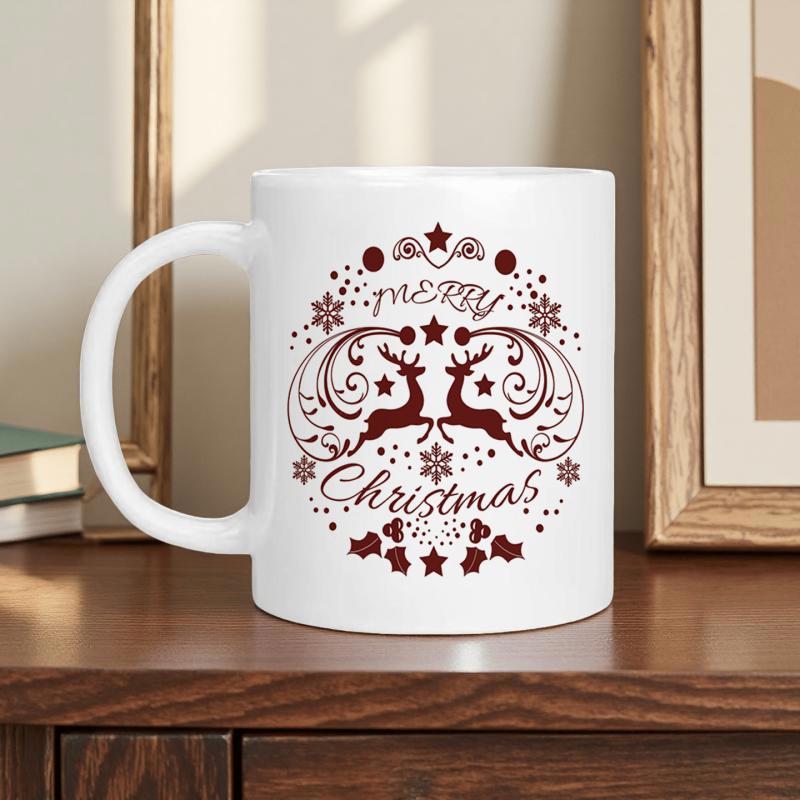 Tailorly White Ceramic 11 oz Mug - Merry Christmas Festive Symmetrical Silhouette Of Leaping Reindeer With Snowflakes Deer