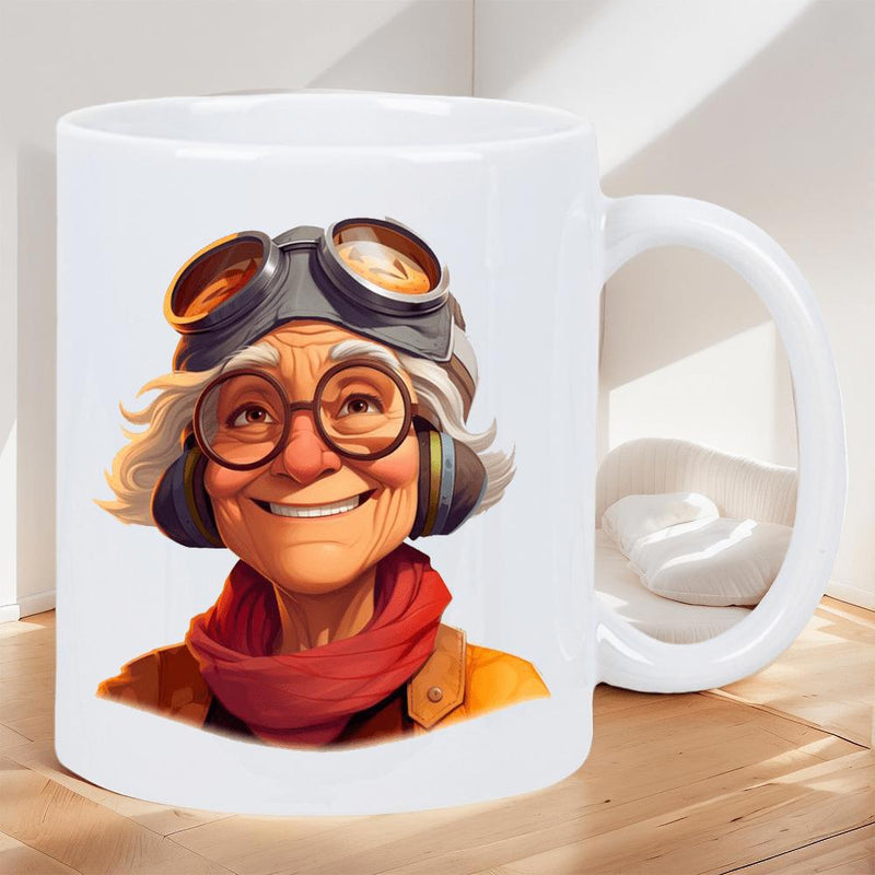 Tailorly White Ceramic 11 oz Mug - Elderly Woman With Goggles And Red Scarf In Stylized Animation Style Aviator