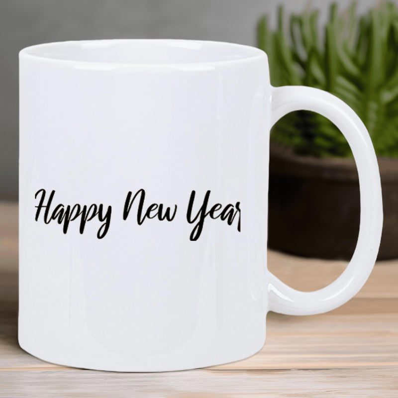 Tailorly White Ceramic 11 oz Mug - Happy New Year Minimalist Elegant Black Script Calligraphy On Smooth Ceramic Mug