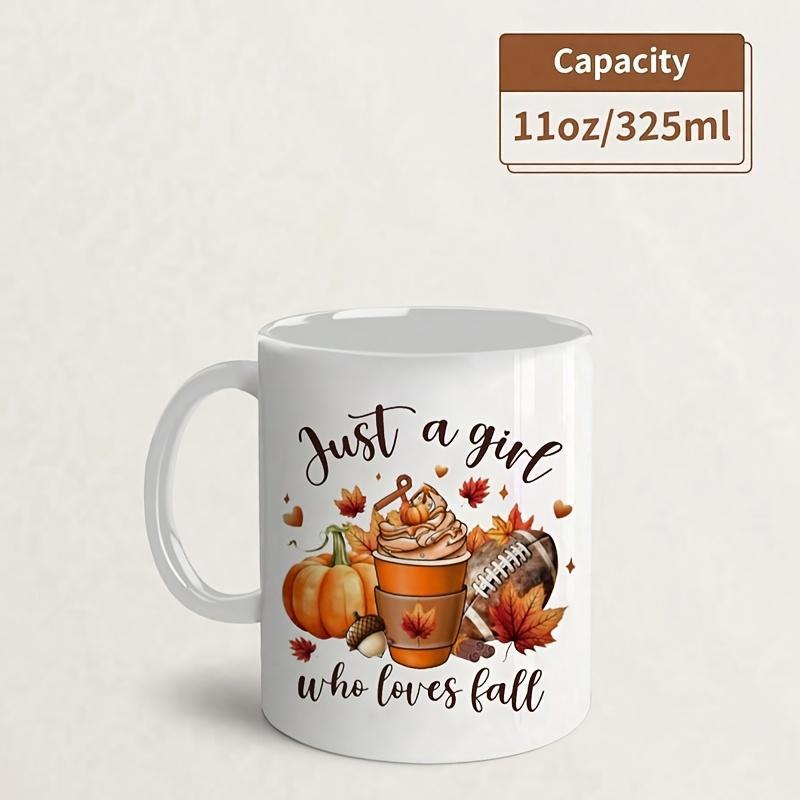 Tailorly White Ceramic 11 oz Mug - Just A Girl Who Loves Fall Harvest Pumpkin With Warm Latte And Football Among Falling Autumn Leaves Mug