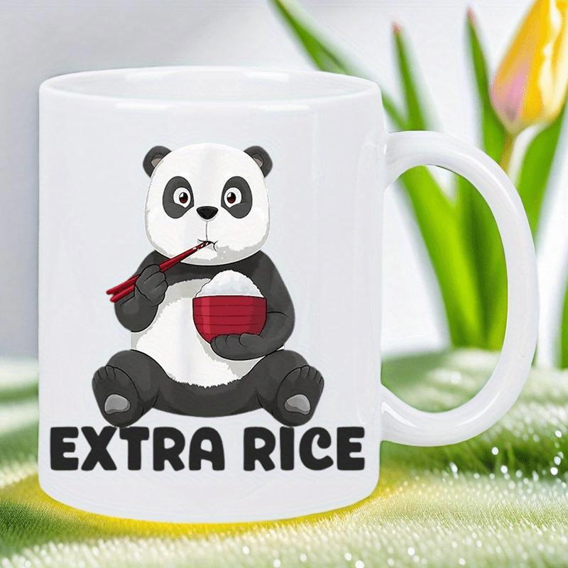 Tailorly White Ceramic 11 oz Mug - Extra Rice Adorable Cartoon Panda Eating Rice From Red Bowl Using Chopsticks Panda