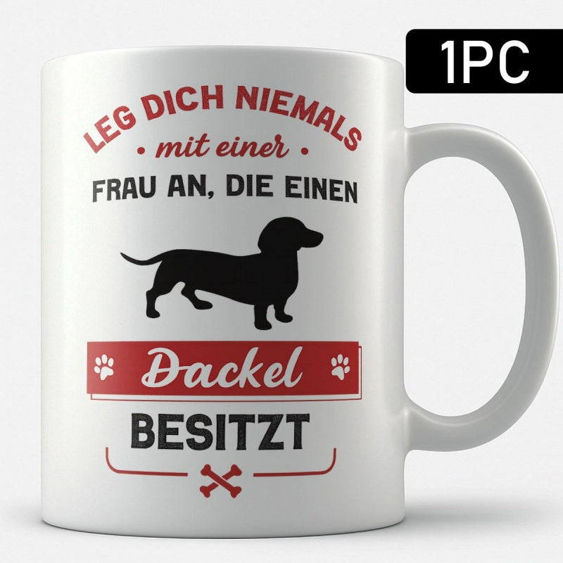 Tailorly White Ceramic 11 oz Mug - Sleek Black Silhouette Of A Small Long Bodied Weiner Dog Dachshund