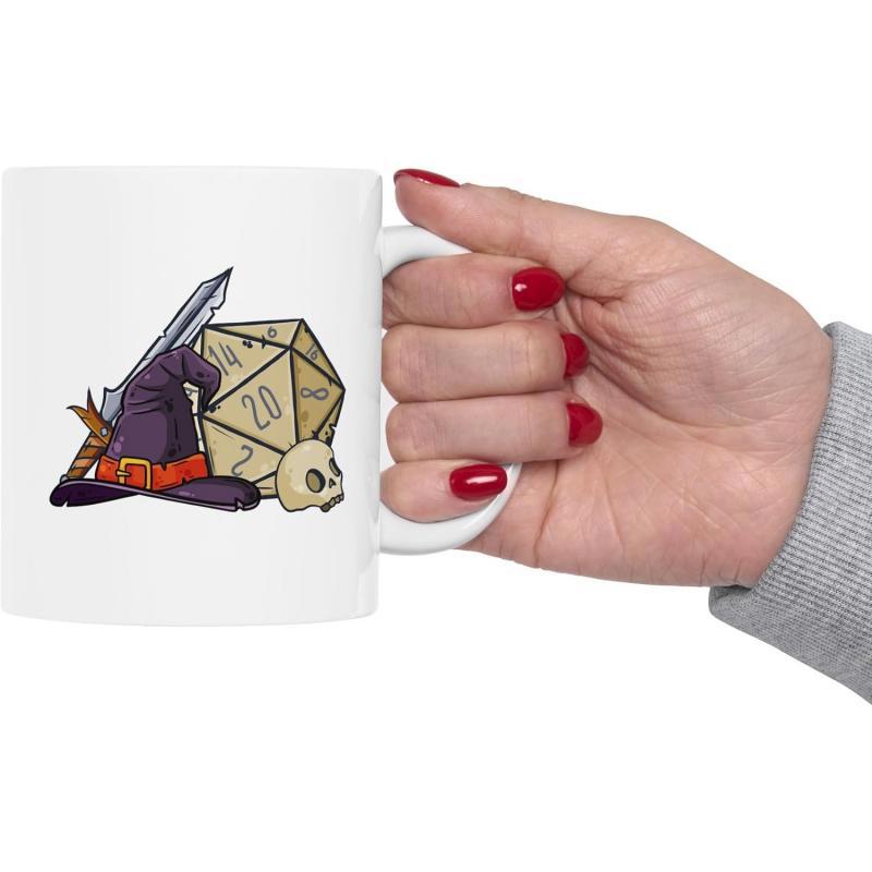 Tailorly White Ceramic 11 oz Mug - Mystical Fantasy Dungeon Adventurer Sword And Wizard Hat With Skull Dice