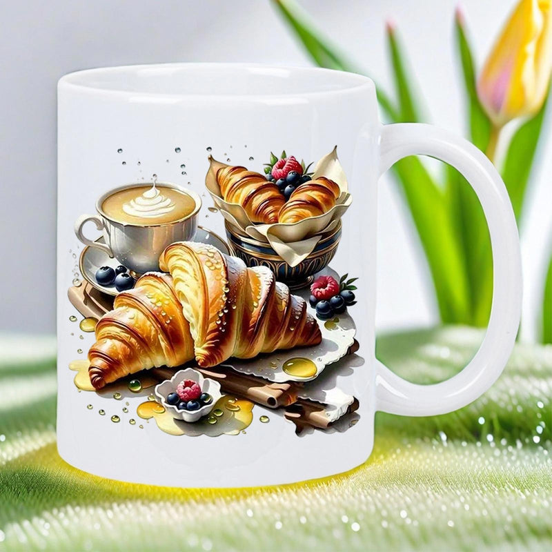 Tailorly White Ceramic 11 oz Mug - Delicious Golden Pastry With Coffee And Berries On Morning Table Croissant