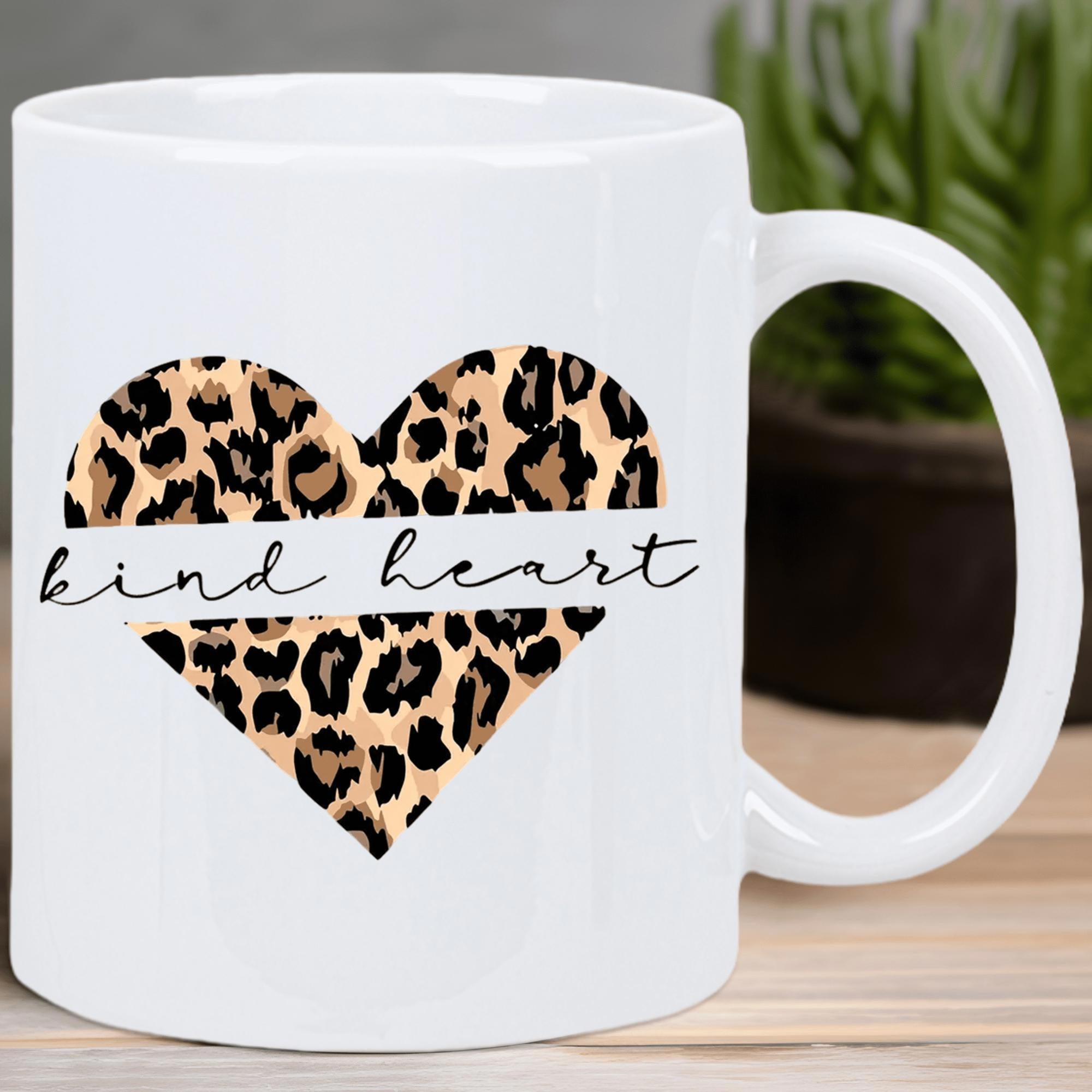 Tailorly White Ceramic 11 oz Mug - Kind Heart Stylish Leopard Spotted Pattern Within A Large Symmetric Graphic Heart