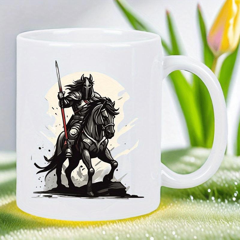 Tailorly White Ceramic 11 oz Mug - Powerful Medieval Warrior In Heavy Armor Riding A Dark Galloping Horse