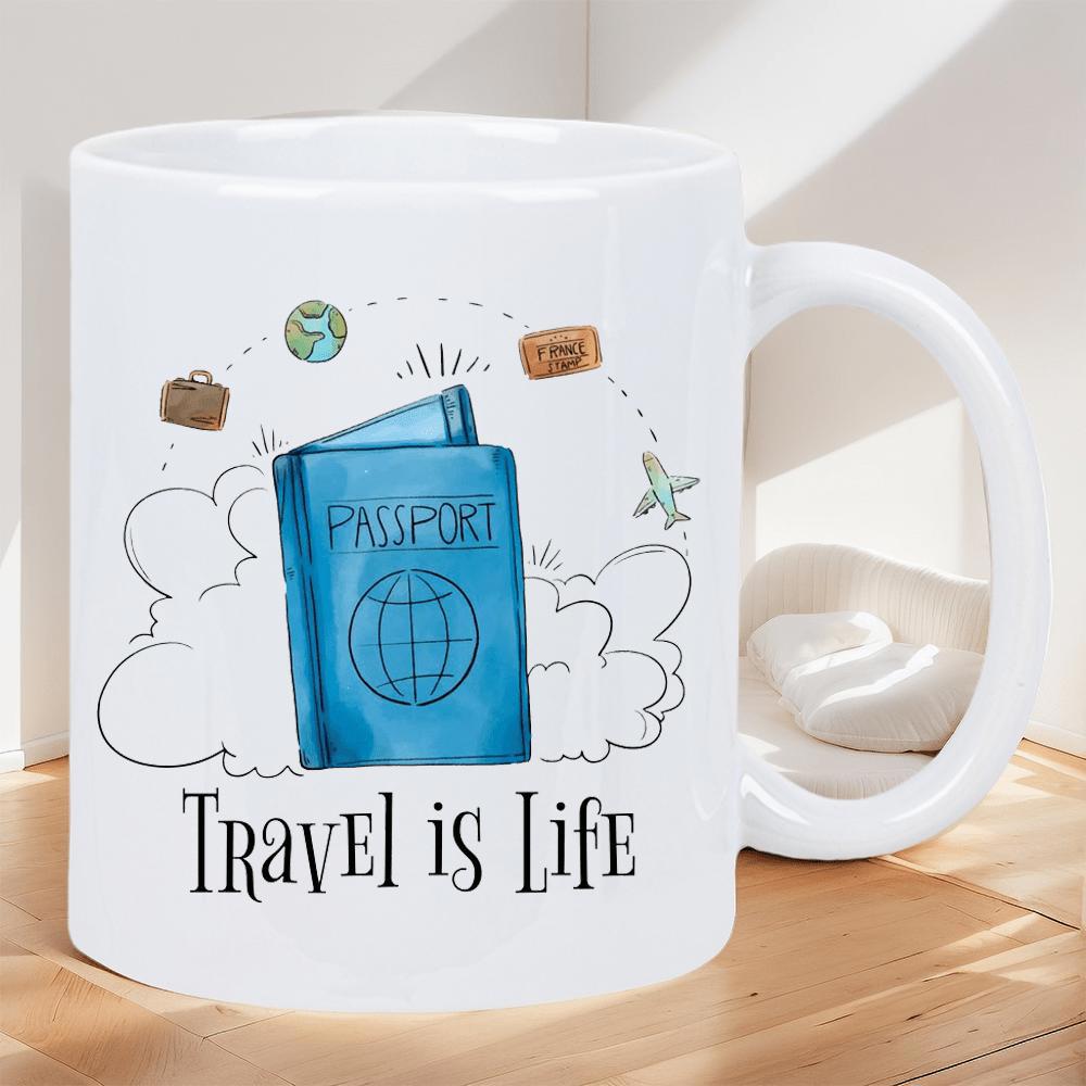 Tailorly White Ceramic 11 oz Mug - Travel Is Life Passport Hand Drawn Blue Passport Floating Among Fluffy Clouds And Global Icons Mug