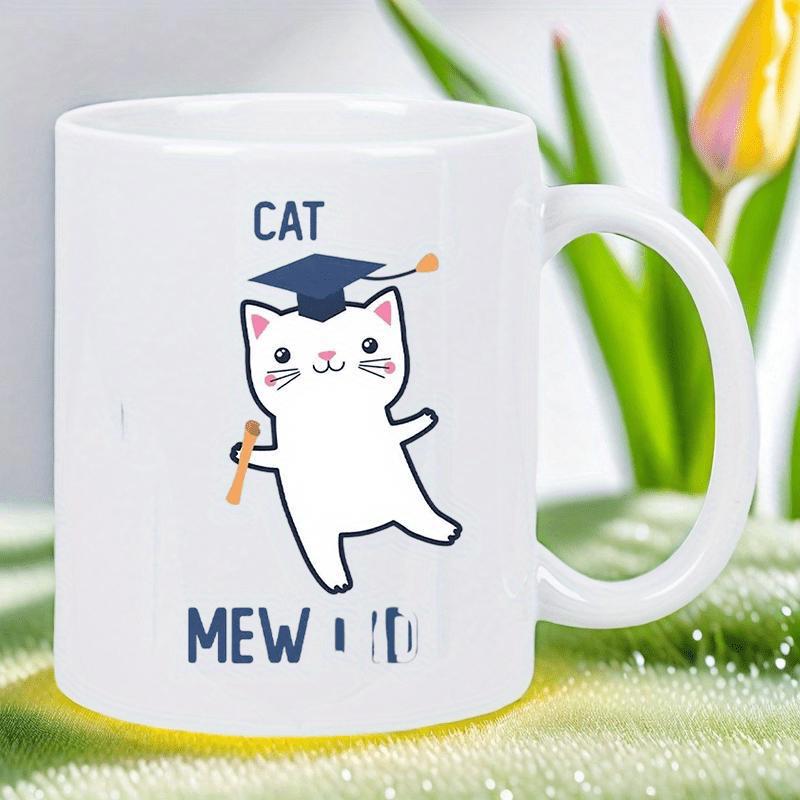 Tailorly White Ceramic 11 oz Mug - Cat Mew Adorable White Cartoon Cat Wearing Graduation Cap Holding Small Diploma Cat