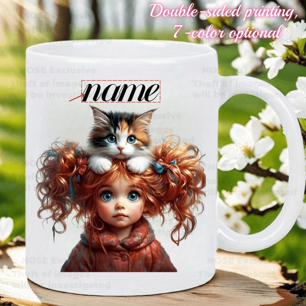Tailorly White Ceramic 11 oz Mug - Name Adorable Little Girl With Red Curly Pigtails And A Fluffy Calico Cat