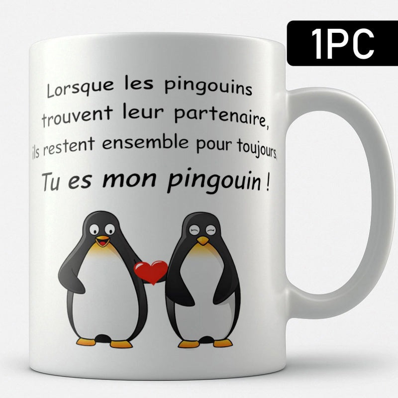 Tailorly White Ceramic 11 oz Mug - Two Adorable Birds Holding A Tiny Red Heart Together In Love Penguin