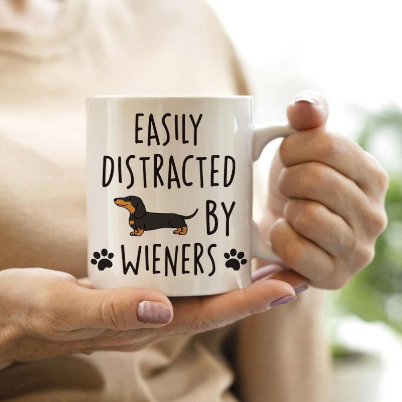 Tailorly White Ceramic 11 oz Mug - Easily Distracted By Wieners Adorable Small Brown And Black Dachshund Among Tiny Black Paw Prints Dachshund