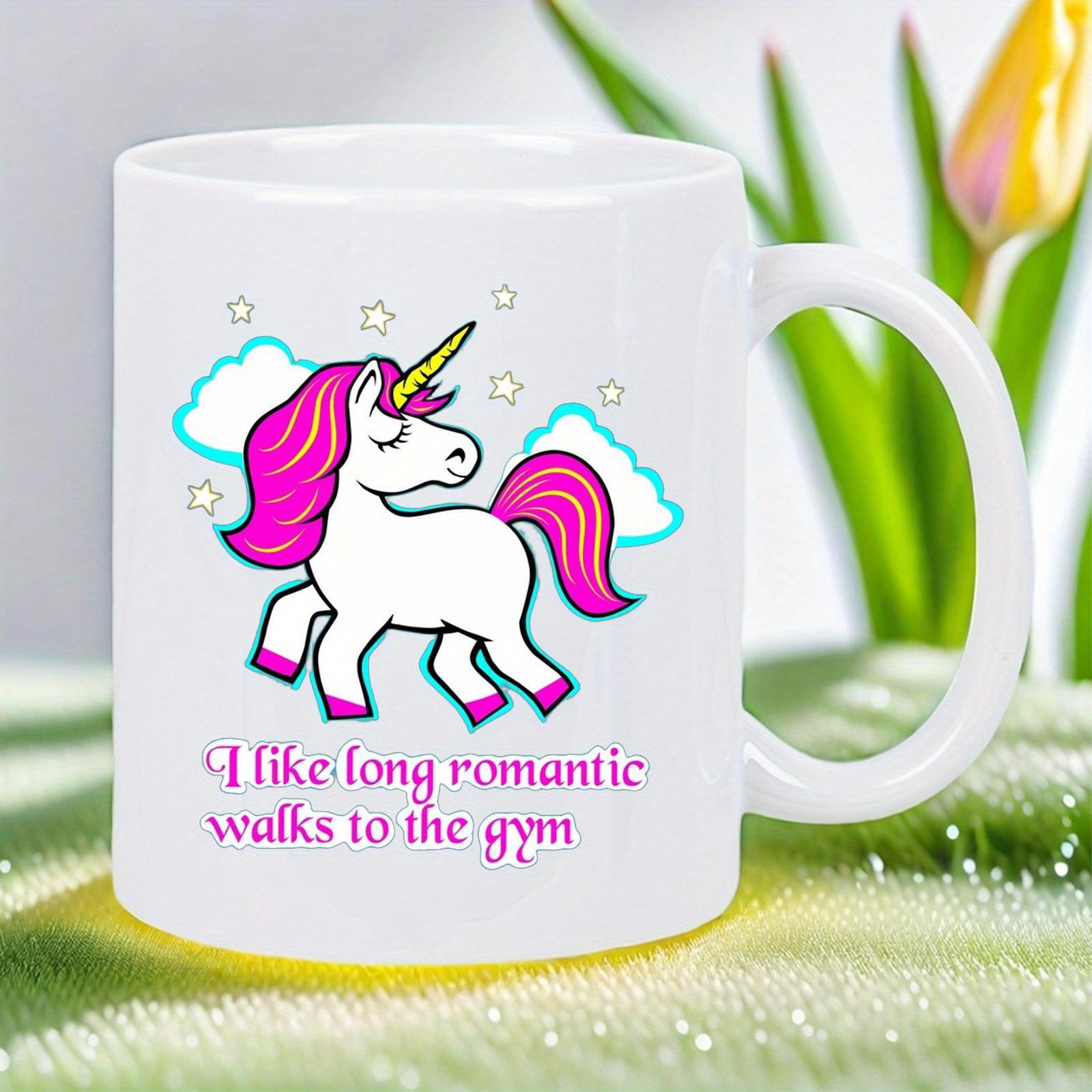 Tailorly White Ceramic 11 oz Mug - I Like Long Romantic Walks To The Gym Magical White Creature With Pink Mane Among Sparkling Stars Unicorn