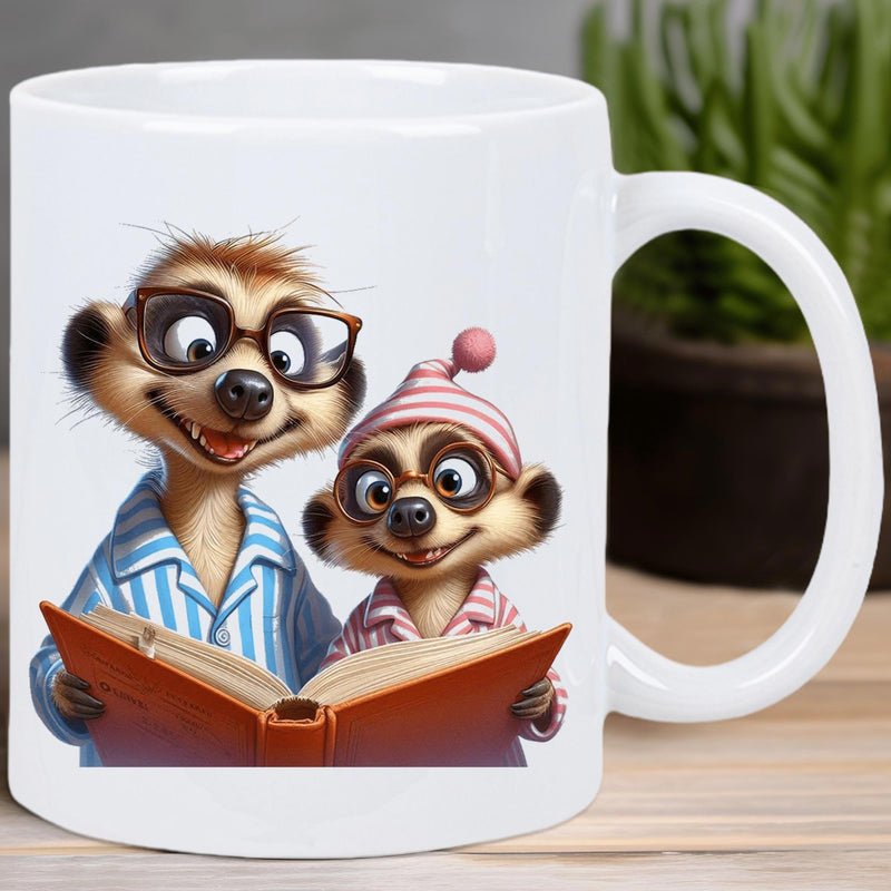 Tailorly White Ceramic 11 oz Mug - Two Cute Meerkats Reading A Story Book Wearing Striped Pajamas And Glasses Meerkat