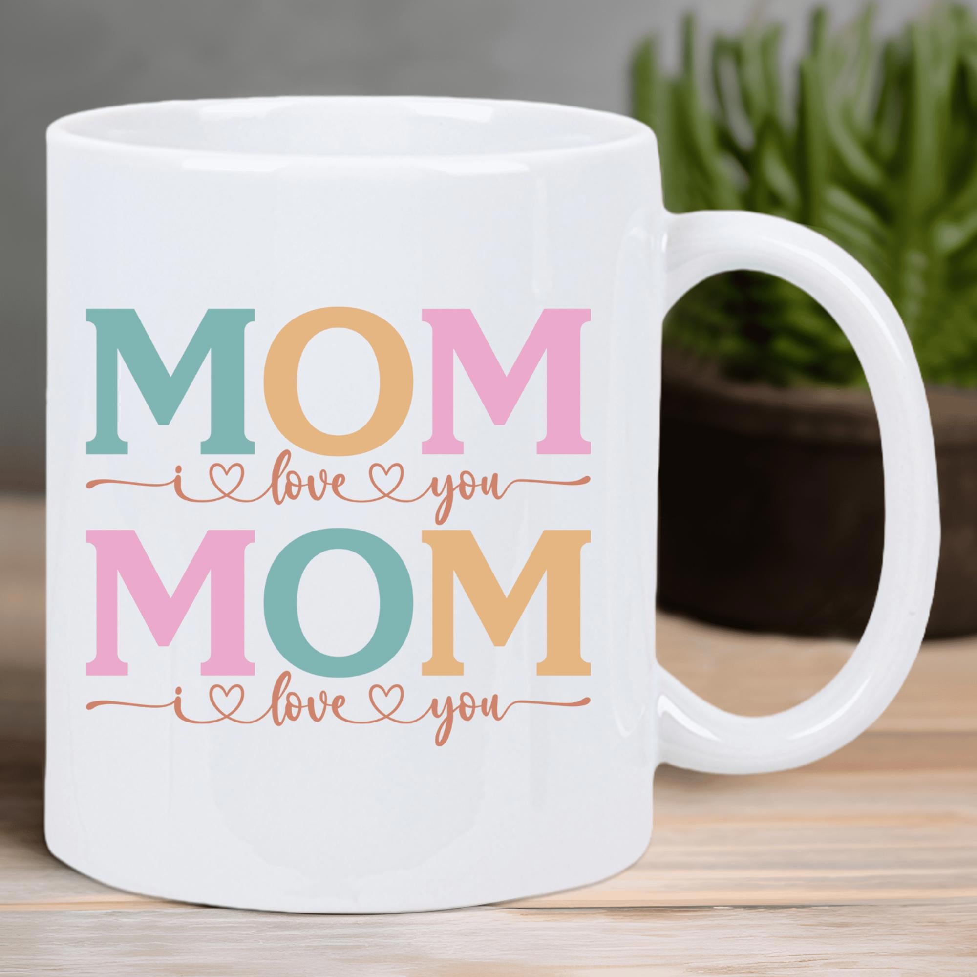 Tailorly White Ceramic 11 oz Mug - Mom I Love You Colorful Pastel Block Letters With Delicate Script And Tiny Heart Accents Mug
