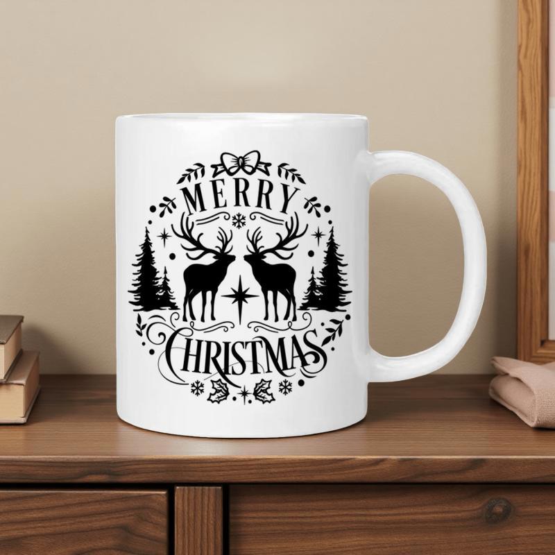 Tailorly White Ceramic 11 oz Mug - Merry Christmas Two Majestic Black Silhouettes Facing Each Other Among Snowy Pine Trees Reindeer