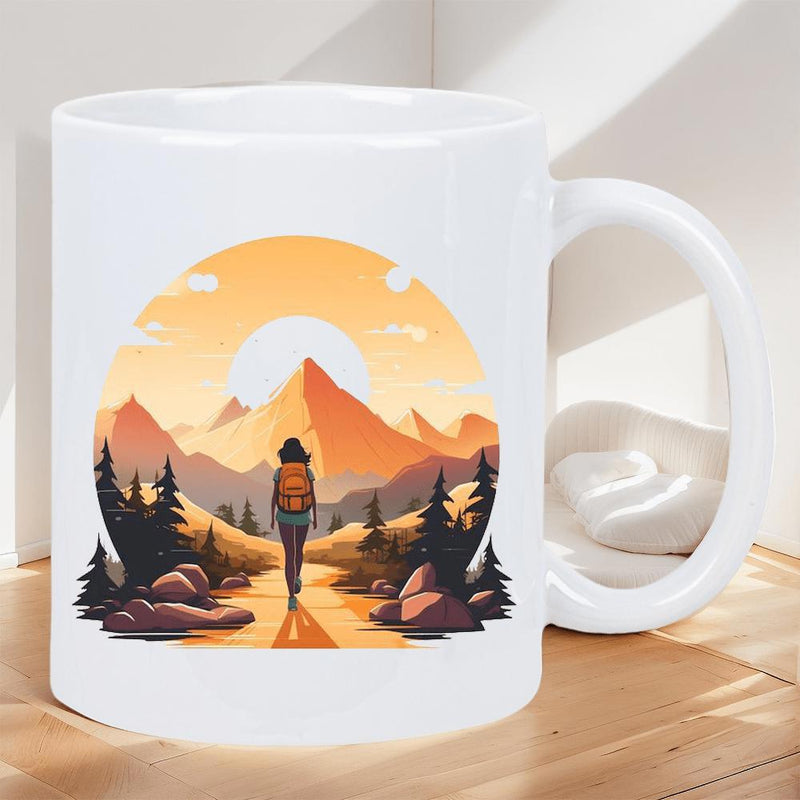 Tailorly White Ceramic 11 oz Mug - Solitary Hiker Walking Towards Golden Sunset Beyond Distant Jagged Peaks Mountain