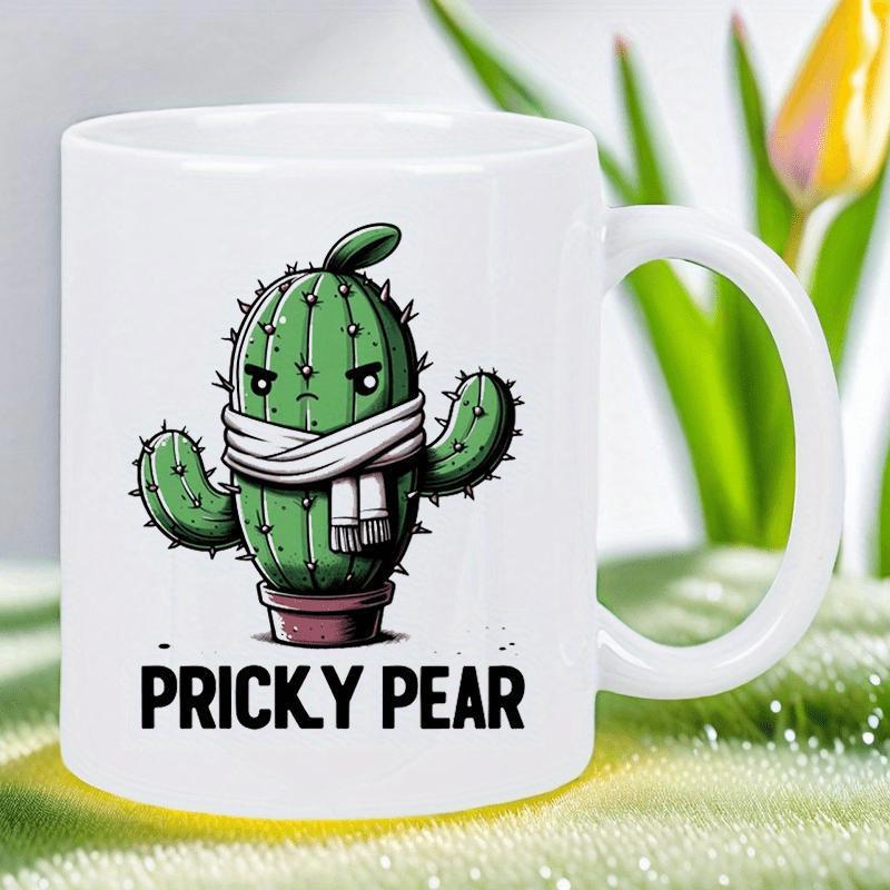 Tailorly White Ceramic 11 oz Mug - Pricky Pear Grumpy Green Potted Cactus Wearing A Warm Scarf With Angry Eyes Cactus
