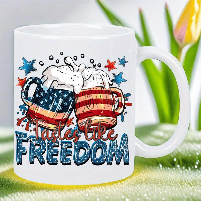 Tailorly White Ceramic 11 oz Mug - Tastes Like Freedom Two Patriotic Beer Steins Clinking With Frothy Foam And Decorative Stars Mug