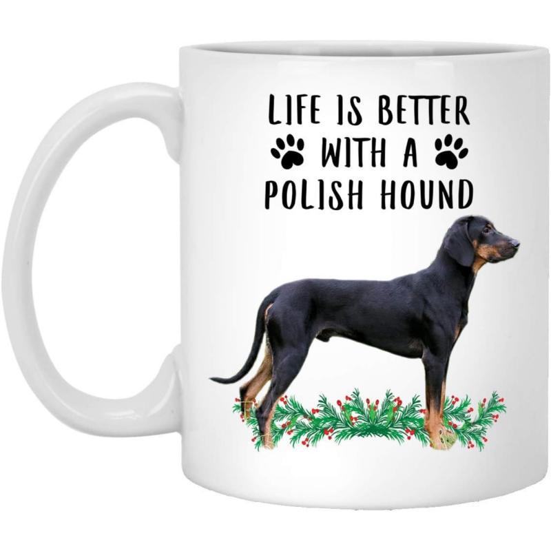 Tailorly White Ceramic 11 oz Mug - Life Is Better With A Polish Hound Realistic Black And Tan Dog Standing Over Festive Green Pine Branch Polish Hound
