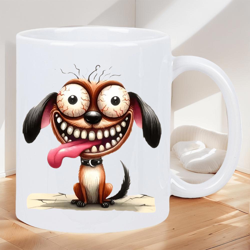 Tailorly White Ceramic 11 oz Mug - Whimsical Cartoon Style With Bulging Bloodshot Eyes And Long Pink Tongue Dog