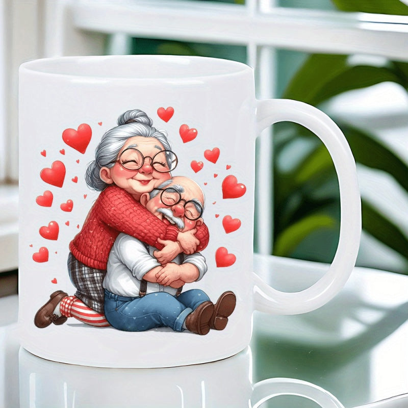 Tailorly White Ceramic 11 oz Mug - Adorable Cartoon Grandma Hugging Grandpa With Numerous Floating Red Hearts Couple