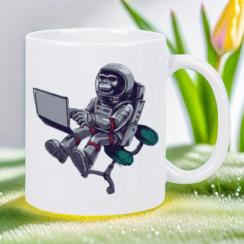Tailorly White Ceramic 11 oz Mug - Futuristic Astronaut Suit Primate Sitting On Ergonomic Office Chair Using Laptop Gorilla