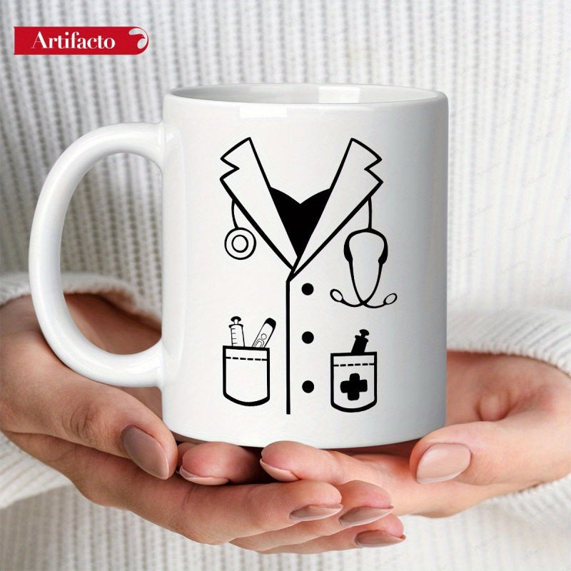 Tailorly White Ceramic 11 oz Mug - Minimalist Black Line Drawing Representing A Professional Medical Lab Coat Uniform