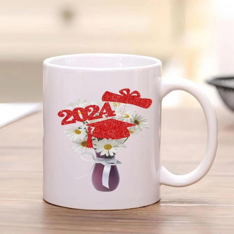 Tailorly White Ceramic 11 oz Mug - 2024 Festive Graduation Cap Resting On White Daisy Flowers In Purple Vase Mug