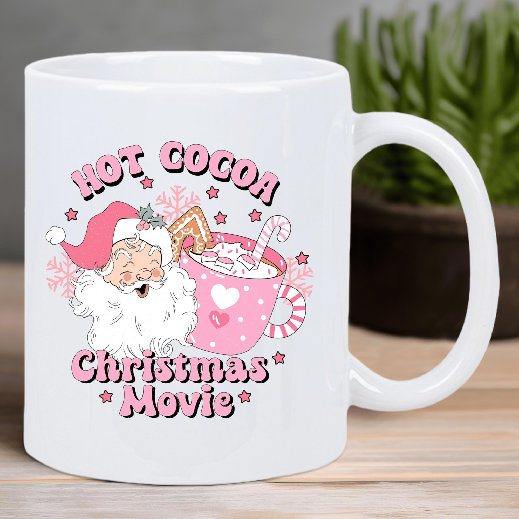 Tailorly White Ceramic 11 oz Mug - Hot Cocoa Christmas Movie Vintage Santa Claus Beside Pink Festive Drink Mug