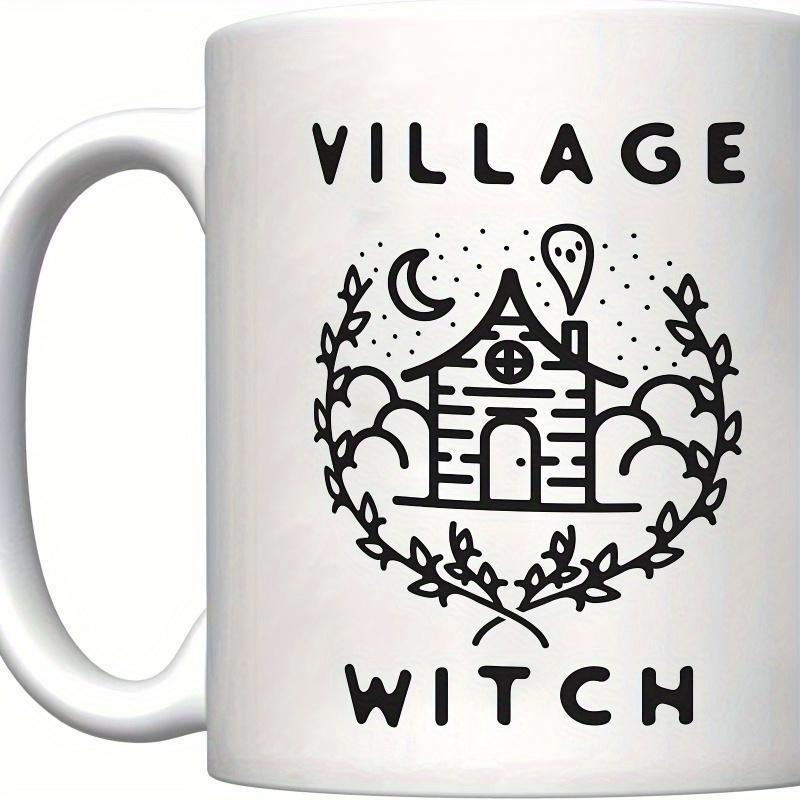 Tailorly White Ceramic 11 oz Mug - Village Witch Minimalist Black Line Art Of Mystic Cottage Under Crescent Moon House