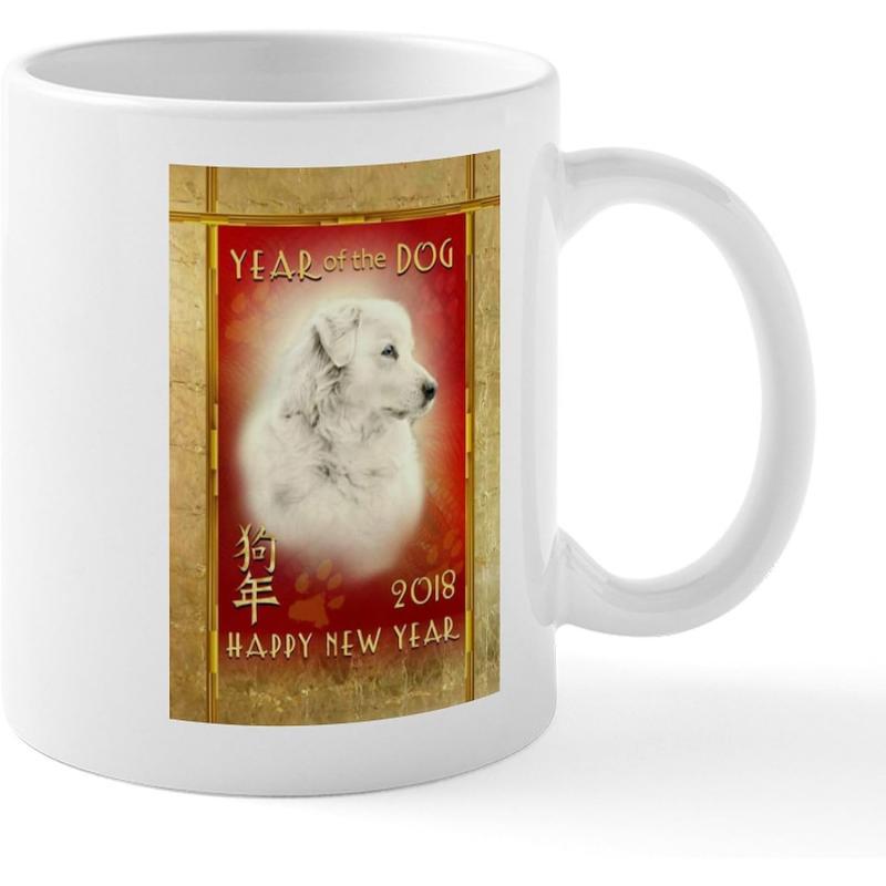 Tailorly White Ceramic 11 oz Mug - Year Of The Dog 2018 Happy New Year Majestic White Fluffy Dog Head Within A Decorative Holiday Border Dog