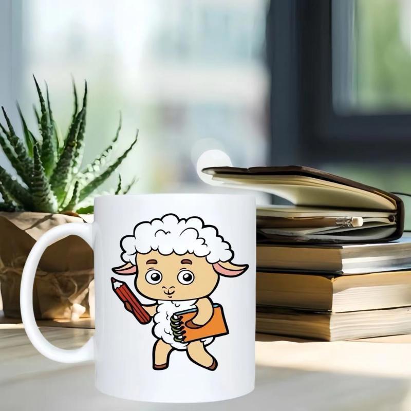 Tailorly White Ceramic 11 oz Mug - Cute Fluffy Little Lamb Carrying A Red Pencil And Orange Notebook Lamb