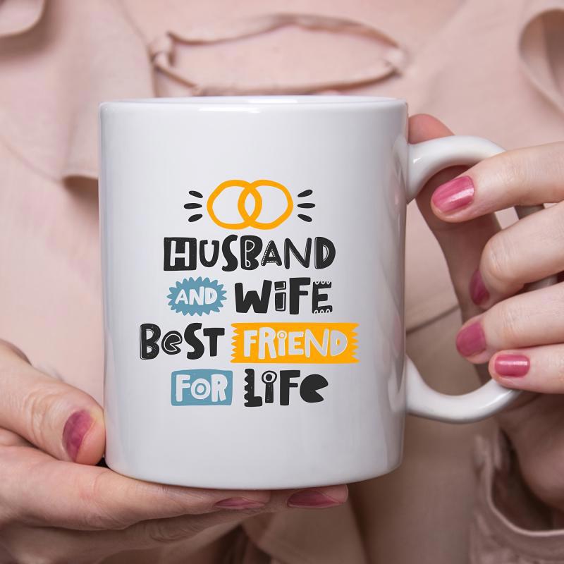 Tailorly White Ceramic 11 oz Mug - Husband And Wife Best Friend For Life Golden Interlocking Rings With Bold Colorful Playful Typography Sign
