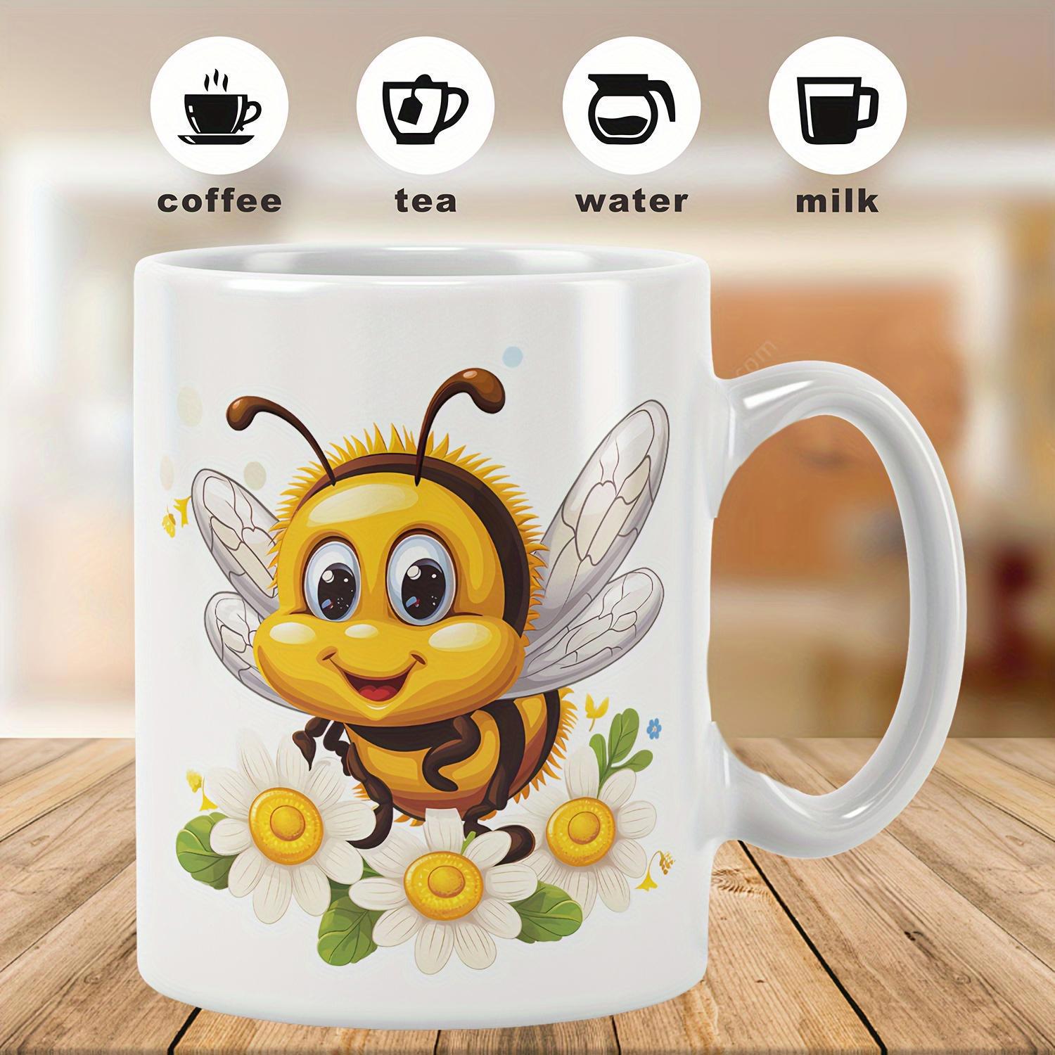 Tailorly White Ceramic 11 oz Mug - Coffee Tea Water Milk Cute Cartoon Bumblebee Sitting Among Blooming White Daisies Under Soft Light Bee