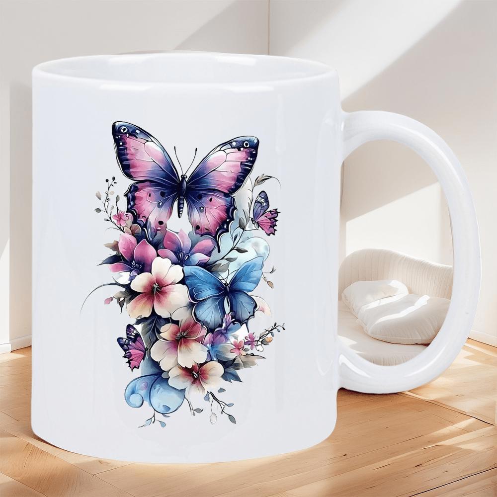 Tailorly White Ceramic 11 oz Mug - Vivid Purple And Blue Wings Fluttering Among Delicate Blooming Spring Floral Butterfly