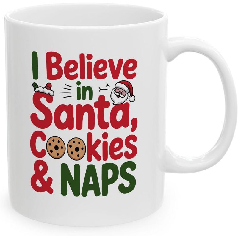 Tailorly White Ceramic 11 oz Mug - I Believe In Santa Cookies Naps Playful Cartoon Santa Head Wearing Red Hat With Delicious Cookies Mug
